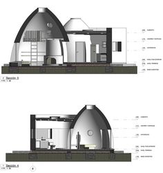 two drawings of different types of buildings on top of each other, with details labeled below