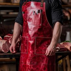 Introducing the Leather Butcher Apron: a fusion of rugged durability and timeless style for the modern-day meat enthusiast! Crafted with premium leather and meticulous attention to detail, our apron is designed to withstand the demands of the butcher shop while exuding sophistication. Butcher Apron, Craft Apron, Butcher Shop, Leather Apron, Apron Pockets, Brass Accents, Functional Design, Timeless Style, High Tech