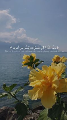 some yellow flowers are by the water with an arabic quote above it that reads, my lord, my heart is at peace for me and i ame