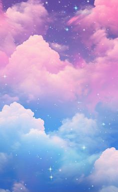 the sky is filled with stars and clouds in pink, blue, and purple colors