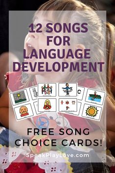 a girl with her hands on her chest and the words 12 songs for language development