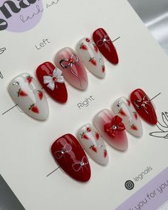 Nail Art Cute, Nails Hand Painted, Fake Nails Designs, Nails Gel Nails, Red Nail Art, Custom Press On Nails, Nails 3d, Cherry Nails, Nails Fake