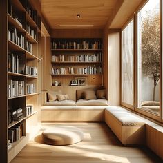 a living room filled with lots of wooden furniture and bookshelves next to a window