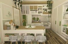 the kitchen is decorated in white and green colors with lots of greenery hanging from the ceiling