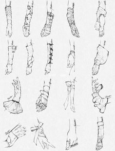 a bunch of different types of feet drawn in black and white ink, each with their own design