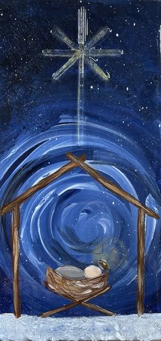 a painting of a nativity scene with a star above the water and a manger