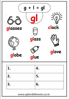 a worksheet with the words gl and gl in red on it