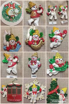 christmas ornaments are shown on display in this photo collage, including teddy bears and snowmen