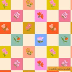 an image of colorful flowers on checkered background