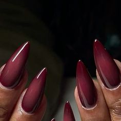 Dark Nails Almond Shape, Maroon Aura Nails, Milky Red Nails, Perfect Red Nails, Burgundy Aura Nails, Nail Art Dark Colors, Dark Almond Nails Designs, Blood Red Nails Design, Cat Woman Nails