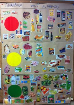 a bulletin board covered in lots of different stickers and magnets with food on it