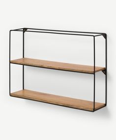 two black metal shelves with wooden shelves on each side