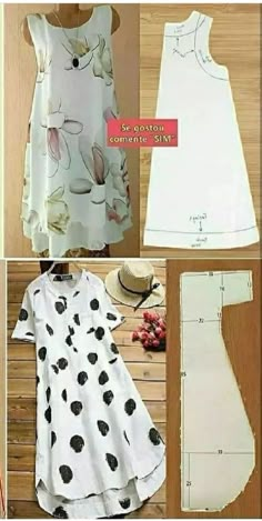 the instructions for making a dress are shown in three different pictures, including one with black and white flowers on it