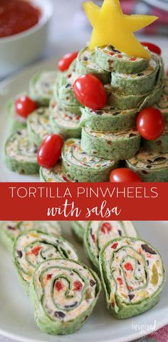 tortilla pinwheels with salsa and cherry tomatoes are the perfect appetizer for christmas