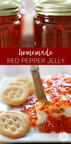 homemade red pepper jelly with crackers on the side