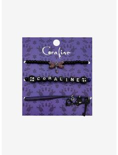 three bracelets with charms on them and the words coraline written in black ink