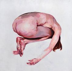 a painting of a naked man on a white wall with pink paint over his body