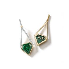 14kt Suspended Malachite Pentagon Earrings This stunning geometric shaped earring is visually bold with its striking malachite gemstone. Beautifully made in New York City of solid 14kt yellow gold and handset with diamonds. 14kt Gold 7.12gm Gold 0.86ct Diamonds 15mm x 14.7mm Malachite Post Back Made in New York Geometric Jewelry Minimalist, Geometric Jewellery, Gold Dangling Earrings, Modern Jewellery Design, Diamond Shape Earrings, Designer Diamond Jewellery, Art Jewelry Design, Gold Dangle Earrings, Yellow Gold Earrings