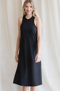 SLIM FITTING RIBBED SLEEVELESS MIDI DRESS WITH SIDE SLITS-Black – Mota Boutique Black Summer Sleep Dress, Black Sleep Dress For Spring, Black Spring Sleep Dress, Black Relaxed Fit Dress For Loungewear, Black Cotton Sleep Dress, Black Longline Daywear Dress, Black Spring Loungewear Dress, Black Longline Dress For Daywear, Spring Black Dresses For Loungewear