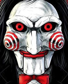 a creepy clown with red eyes and long black hair