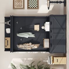 an overhead view of a living room with furniture and decor on the wall above it