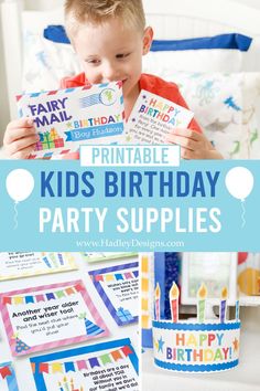 kids birthday party supplies with the words printable kids birthday party supplies on it and pictures