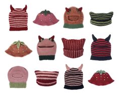 twelve knitted hats with different designs and colors are shown in the shape of animals