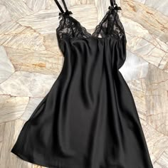 Victoria Secret Nightwear, Black Satin Nightgown For Wedding Night, Black Satin Sleepwear With Lace Trim, Black Satin Sleepwear For Wedding Night, Black Satin Camisole Sleepwear, Black Satin Party Sleepwear, Victoria's Secret Party Sleepwear With Lace Trim, Black Nightgown With Lace Trim And Spaghetti Straps, Black Satin Nightgown For Night Out