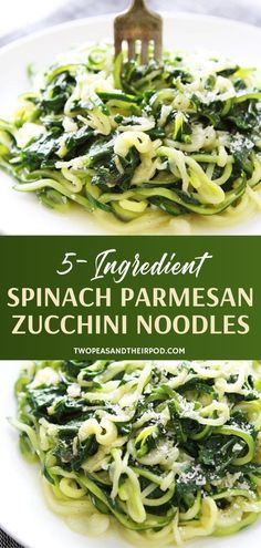 spinach and parmesan zucchini noodles on a white plate