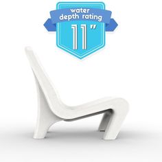 a white chair sitting on top of a white floor next to a blue sign that says water depth ratings