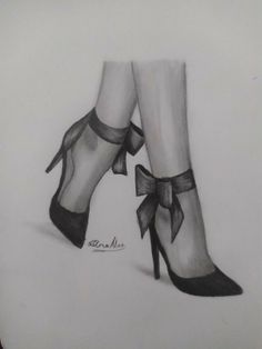 a pencil drawing of a woman's legs wearing high heeled shoes with bows