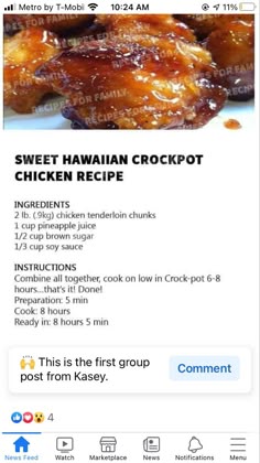 the menu for sweet hawaiian crockpot chicken recipe is displayed on an iphone screen