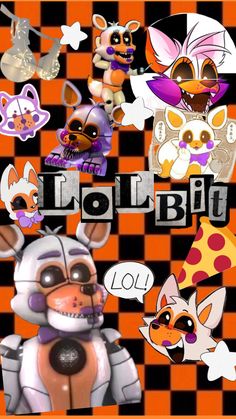 an orange and black checkered background with lots of cartoon animals