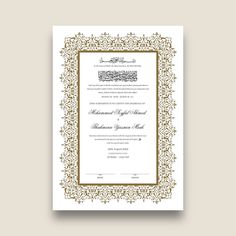 a wedding card with an ornate frame and gold trimmings on the front, in white