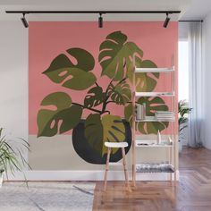 a plant with green leaves on a pink background wallpaper mural print room setting in an apartment