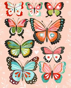 a bunch of colorful butterflies on a pink background