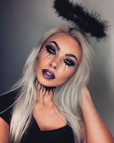 Fallen Angel Aesthetic Makeup, Dark Angel Eye Makeup, Dark Angel Halloween Costume Eye Makeup, Halloween Makeup Dark Angel, Angel Make Up Ideas, Dark Angel Makeup Looks Halloween, Dark Angel Costume Diy, Fallen Angel Costume Makeup