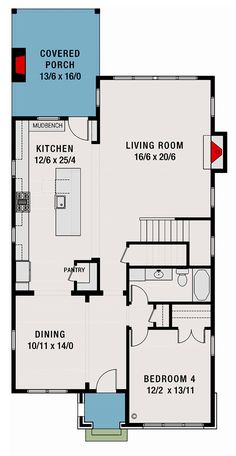 the floor plan for a two story house with an attached kitchen and living room area