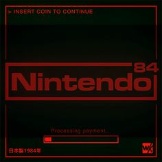 an image of a red nintendo logo on a black background with the words,'insert coin to continue '