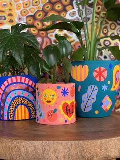 three potted plants sitting on top of a wooden table next to a colorful wall