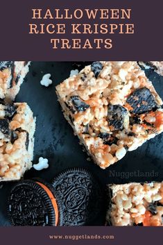 halloween rice krispie treats with oreo cookies on the side and text overlay