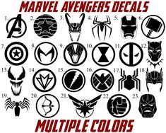 the avengers logo is shown in black and white, as well as other symbols for each character