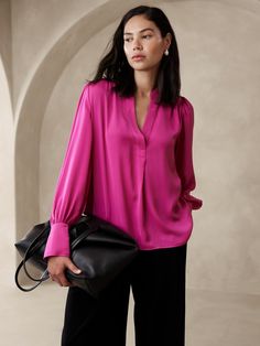 Volume-Sleeve Blouse | Banana Republic Factory Braided Shirt, Classic Fashion Looks, Peplum Wrap Top, Long Sleeve Wrap Top, Layered Blouse, Blue Sleeveless Dress, Dolman Sleeve Tops, Fitted Blouses, Stretchy Tops