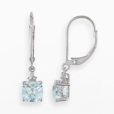 Achieve a sophisticated look with these lovely drop earrings.Earring Details: Length: 1 in. Closure: leverback Metal: 10k white gold Stone Details: Stone type: genuine aquamarine Cut: cushion Setting: prong Diamond Details: Total weight: less than 1/10 ct. Cut: round Color: G-I Clarity: I1-I2 Setting: prong Image(s) may be enlarged to show detail. Diamond weights are approximate. Diamond total weights may vary between .01 and .08 ct. Some diamonds have fewer than 17 facets.  Size: One Size. Colo Blue Diamond Drop Earrings For Formal Occasions, Elegant Blue Diamond Dangle Earrings, Formal Gemstone Dangle Linear Earrings, Formal Dangle Gemstone Linear Earrings, Classic Dangle Earrings With Lever Back, Fine Jewelry Drop Earrings With Lever Back, Classic Dangle Lever Back Earrings, Elegant Blue Diamond Drop Earrings, Classic Blue Diamond Drop Earrings