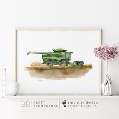 a watercolor painting of a green tractor on the side of a wall next to a vase with flowers