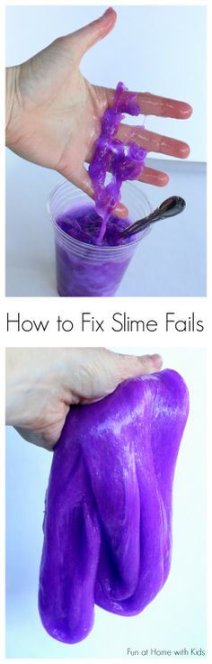 two pictures showing how to fix slime falls with purple liquid and spoon in it