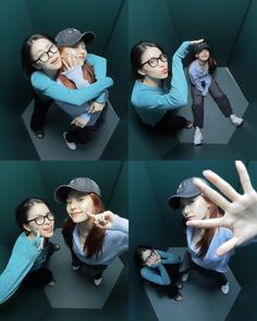 four different pictures of a woman with glasses on her face and hands in the air