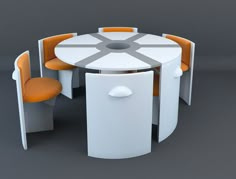 a round table with chairs around it and an orange chair next to it on a gray background