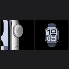 an apple watch with the time displayed on it's face and two different images