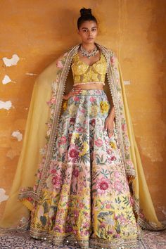 Varun Bahl | Light Pink Corsage Lehenga Gilet Set | INDIASPOPUP.COM Jago Lehenga, Lehanga Idea, Multicolor Lehenga, Pastel Lehenga, Saffron Spice, Sangeet Outfit, Resham Embroidery